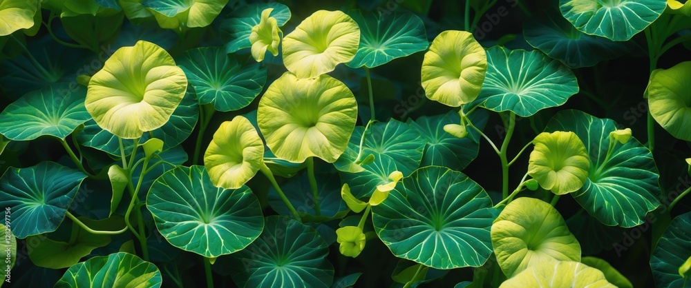 Poster Green lotus leaves in various shapes and sizes with a focus on their intricate textures and patterns against a dark background.