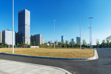 city park with modern building background in shanghai