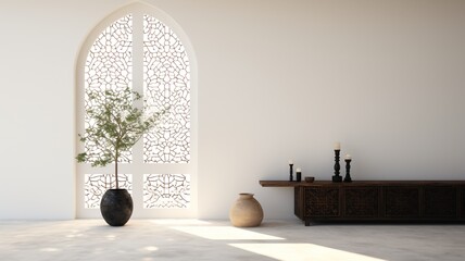 Serene minimalist interior with an ornate black screen, potted plants bathed in sunlight, and elegant vessels, creating a peaceful atmosphere.