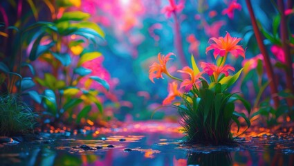 Colorful abstract floral landscape with vibrant flowers and reflections in calm water under soft light