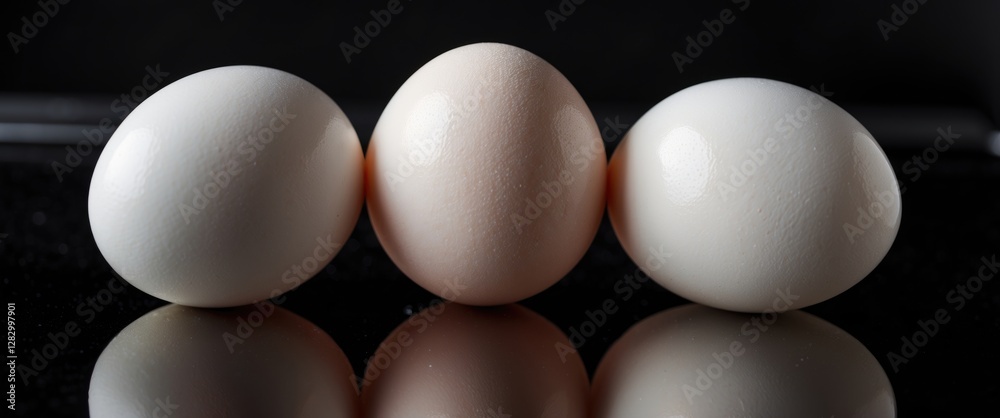 Poster three white eggs arranged in a line on a reflective black surface under soft lighting