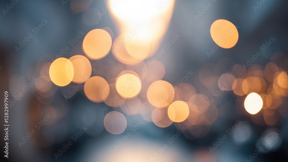 Poster Abstract blurred background with soft glowing bokeh lights in warm tones of orange and yellow against a cool blue backdrop