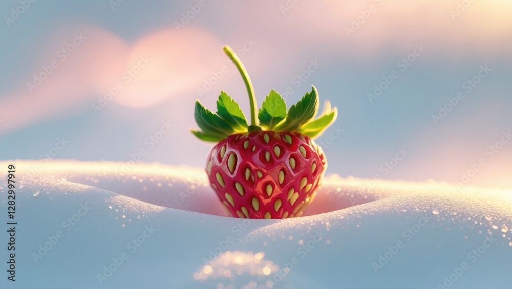 Poster fresh red strawberry with green leaves placed on soft snow surface illuminated by sunlight in winter