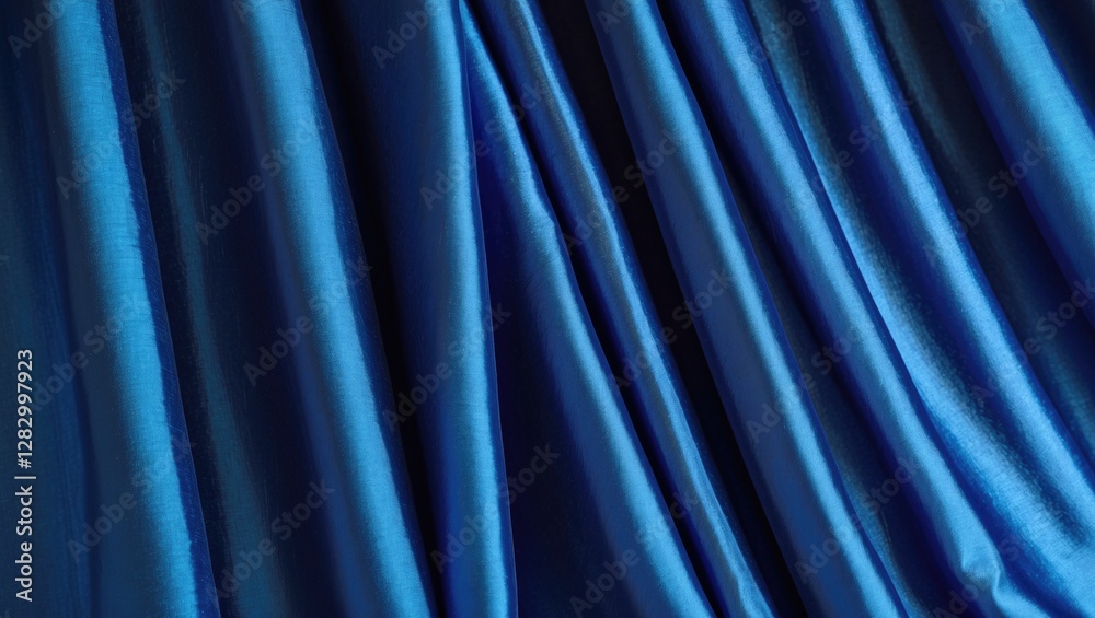Poster Blue satin fabric draped texture with folds and reflections in soft natural light