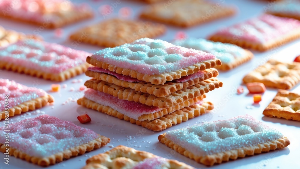Poster colorful frosted sugar cookies stacked on a bright surface surrounded by additional cookies and spri