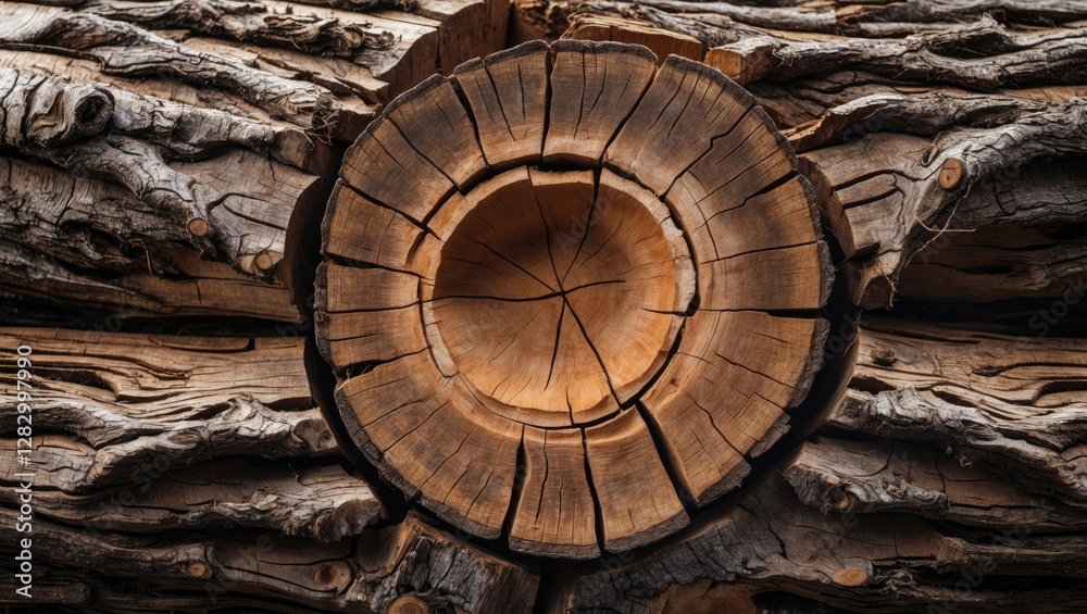 Poster close-up of a cross section of a tree trunk displaying annual rings and textured bark in natural woo