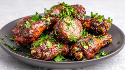 Fototapeta premium Baked chicken wings glazed in sweet barbecue sauce and garnished with fresh parsley on a dark plate.