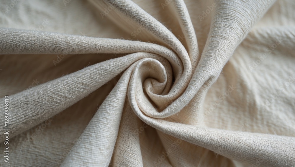 Poster Close-up view of cream colored textured fabric intricately twisted to form a spiral pattern showcasing its soft fibers and natural weave