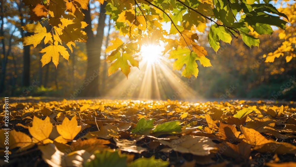 Poster autumn leaves on forest floor with sunlight rays filtering through trees creating warm golden glow