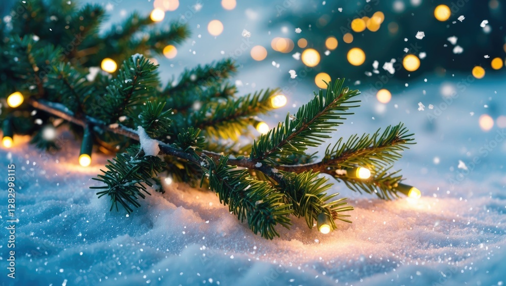 Poster snow-covered ground with a pine branch adorned with glowing fairy lights and falling snowflakes in a