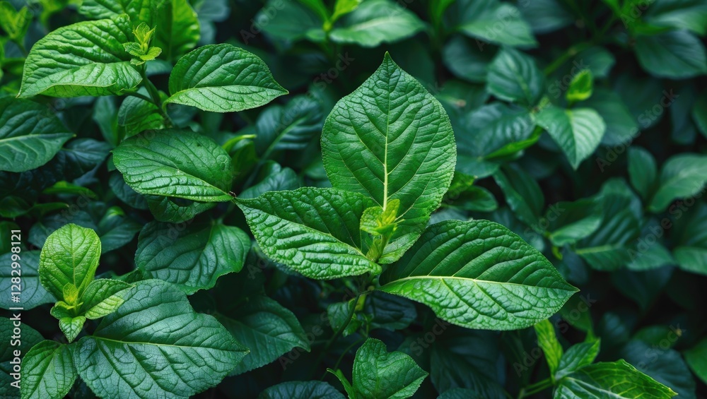 Poster green foliage close-up with various leaf shapes and textures in a lush natural setting.