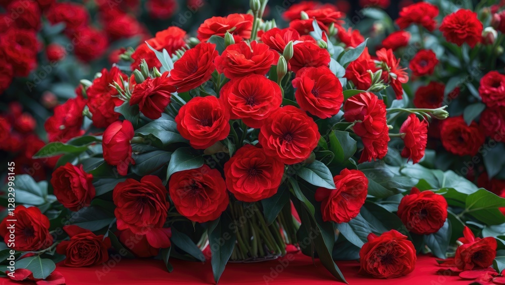 Poster red flowers in a large bouquet with lush green leaves arranged on a red surface creating a vibrant a