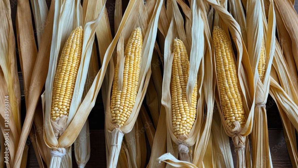 Poster Dried corn cobs with husks arranged in a row showcasing yellow kernels on rustic wooden background