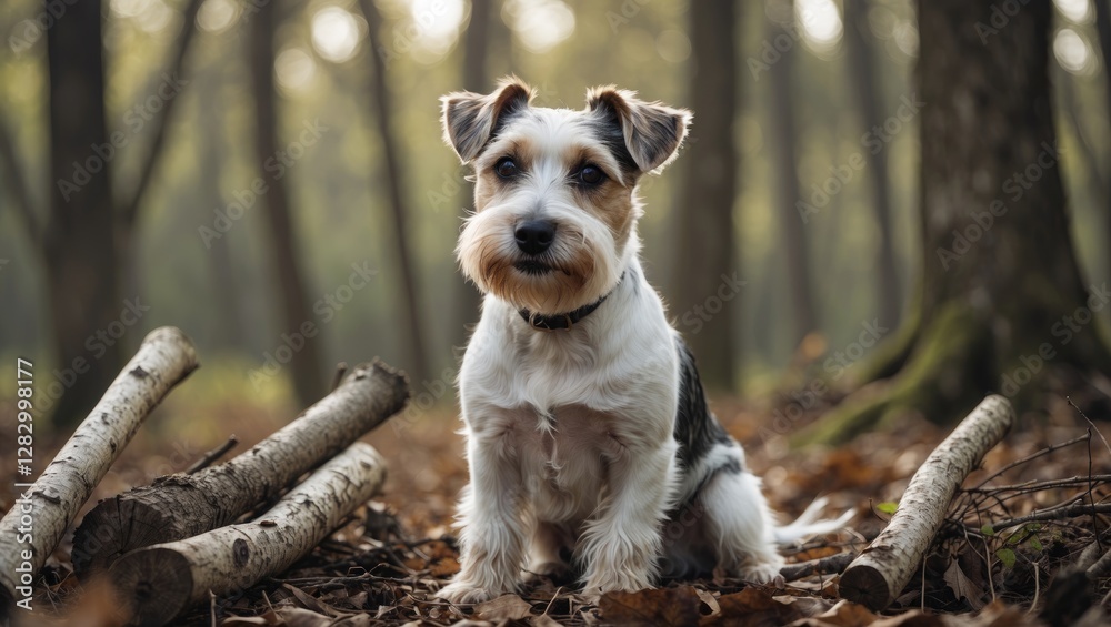 Poster small terrier dog sitting on forest floor surrounded by logs and autumn leaves with soft sunlight fi
