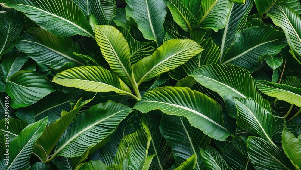 Aufkleber Close-up view of lush tropical green leaves with distinct patterns and textures arranged in a natural overlapping layout