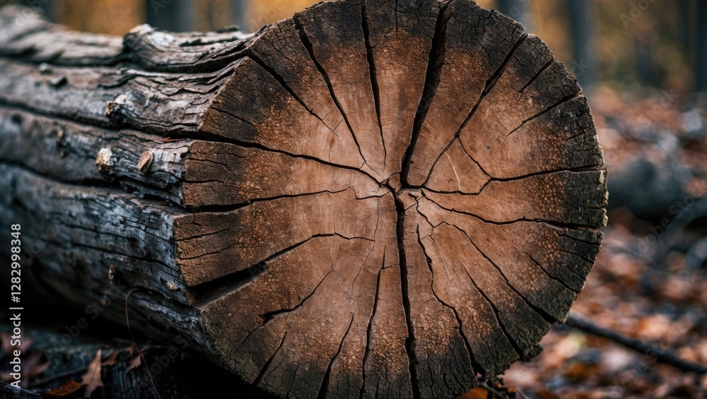 Aufkleber Close-up of a cross-section of a tree trunk displaying detailed texture and cracks in a natural forest environment