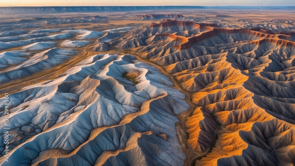 Aufkleber aerial view of colorful geological formations with ridges and valleys under soft golden light in a d