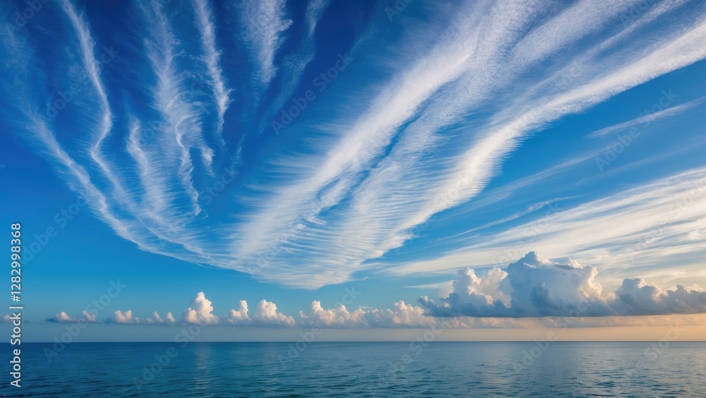 Poster blue sky with wispy clouds over calm ocean water during daytime with soft lighting and tranquil atmo