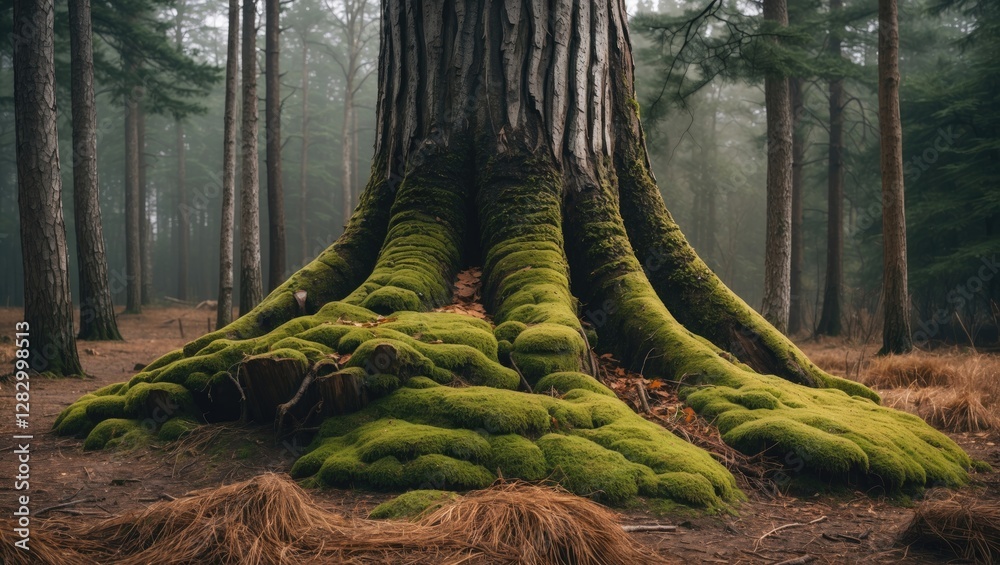 Poster moss covered tree roots in a misty forest undergrowth with tall trees and brown foliage in the backg