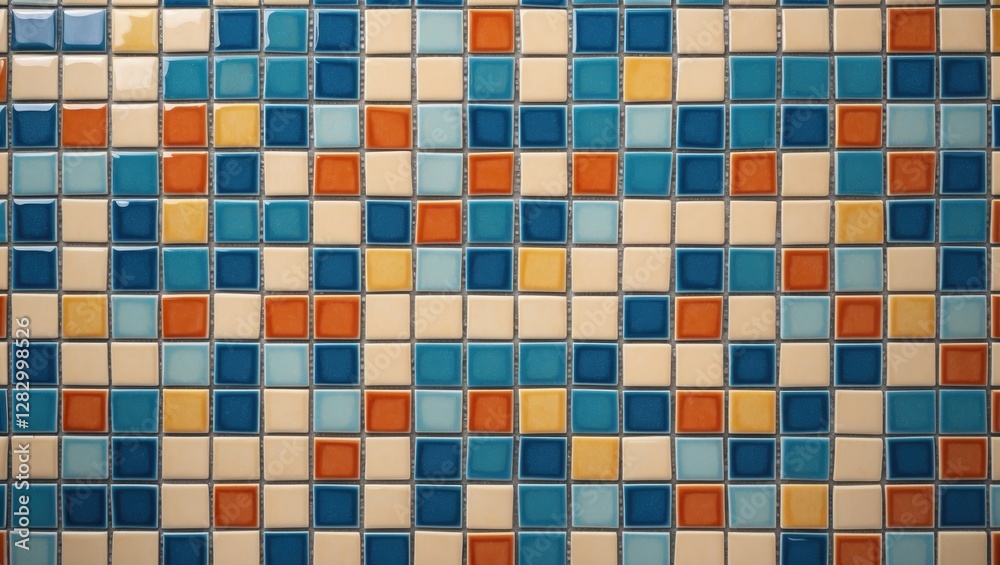 Poster colorful ceramic mosaic tile pattern with blue, orange, and beige squares creating a textured backgr