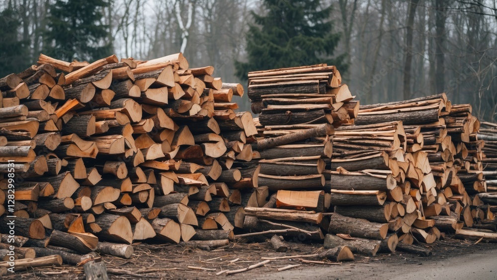 Poster Stacks of chopped firewood in a forested area with trees in the background on an overcast day