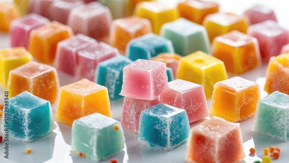 Poster colorful gummy candies arranged in an artistic display on a white background with a variety of shape