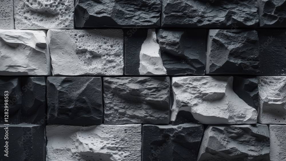 Aufkleber textured stone wall composed of irregularly shaped black and white rock blocks arranged in a geometr