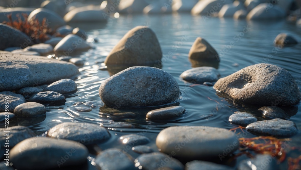 Poster rocks and pebbles in clear water with gentle ripples and reflections during daylight in natural envi