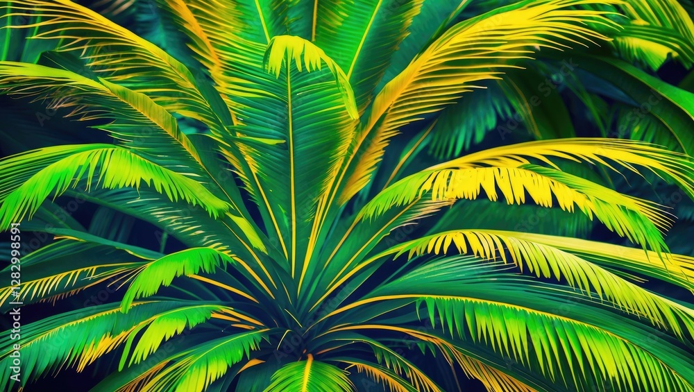 Poster vibrant green and yellow palm leaves with intricate patterns and textures against a dark background