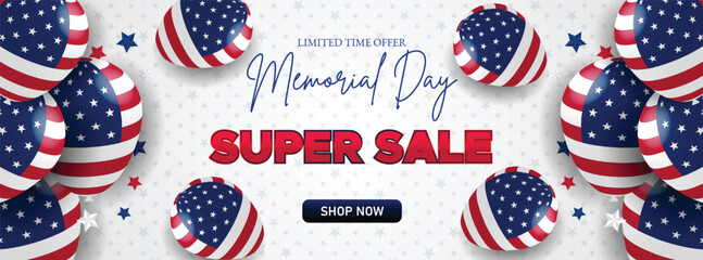 Happy Memorial Day Sale Web Banner Background. Special Offer Of Up To 50% Off For Memorial Day Shopping Events and Online Campaigns. Patriotic Memorial Day Festive Super Sale Web Header