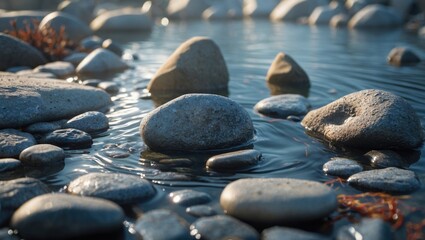 Rocks and pebbles in clear water with gentle ripples and reflections during daylight in natural environment