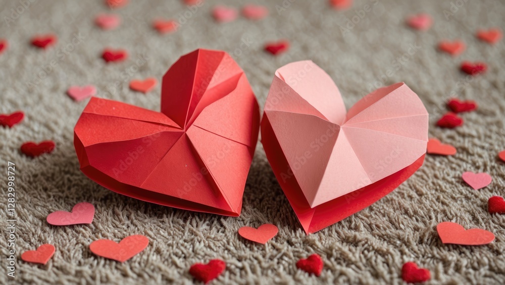 Poster two origami hearts in red and pink surrounded by scattered smaller paper hearts on a textured backgr