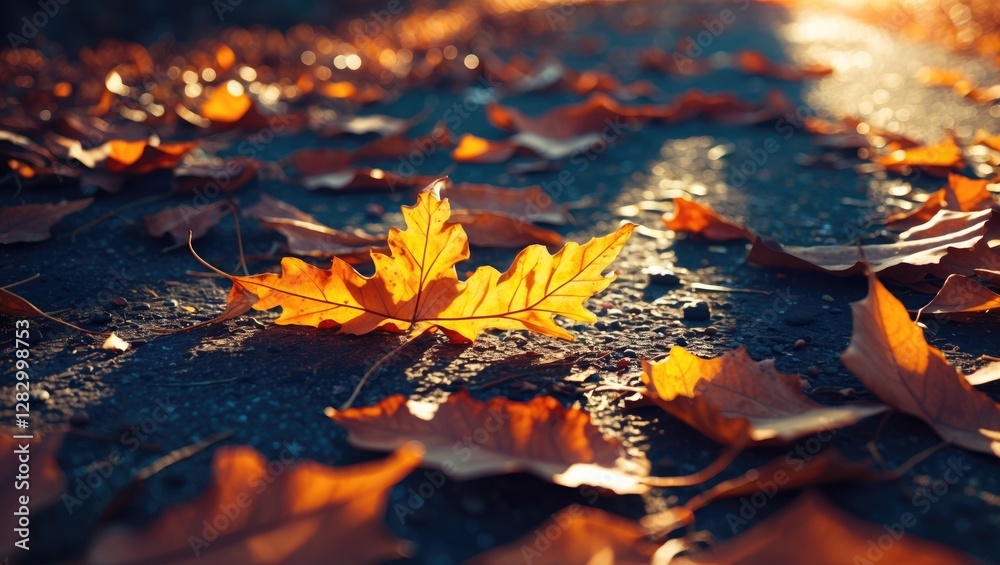 Poster close-up of vibrant autumn leaves scattered on a dark asphalt path with sunlight illuminating the sc