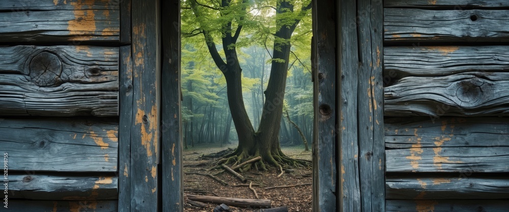 Poster rustic wooden frame highlighting two large trees in a misty forest with green foliage and exposed ro