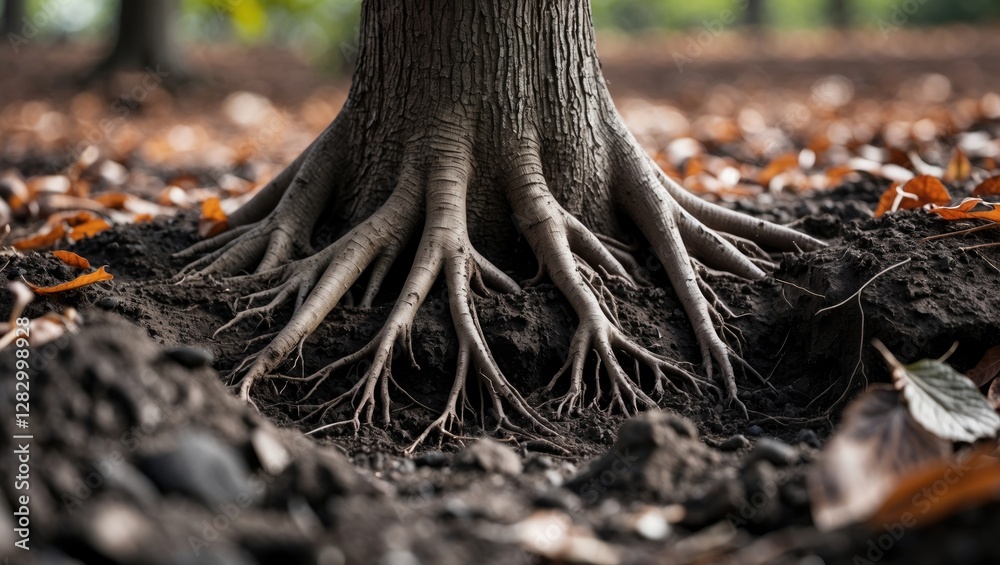 Poster Tree roots in rich soil with fallen leaves illustrating natural growth and earth connection in an outdoor setting.