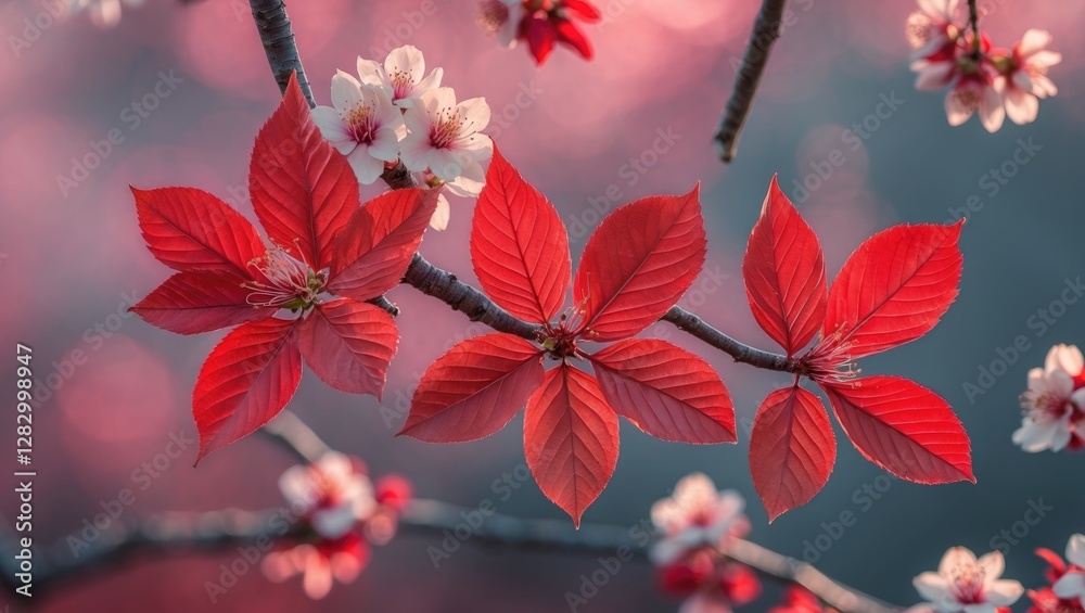Poster red leaves and delicate pink flowers on a branch with a soft blurred background in a natural setting