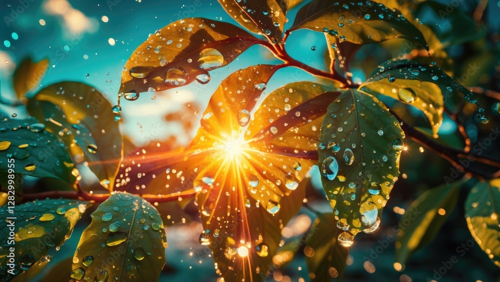 Poster close-up of leaves with water droplets illuminated by sunlight in a natural setting, creating a vibr