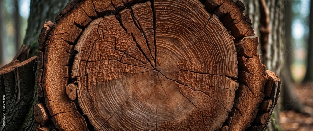 Poster Wood log cross-section detailed texture with growth rings depicting age and natural patterns in forest environment