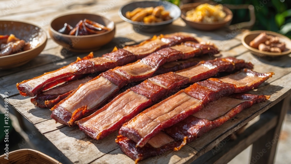 Poster sliced dried meat arranged on a wooden table with assorted side dishes in bowls on a sunny day.