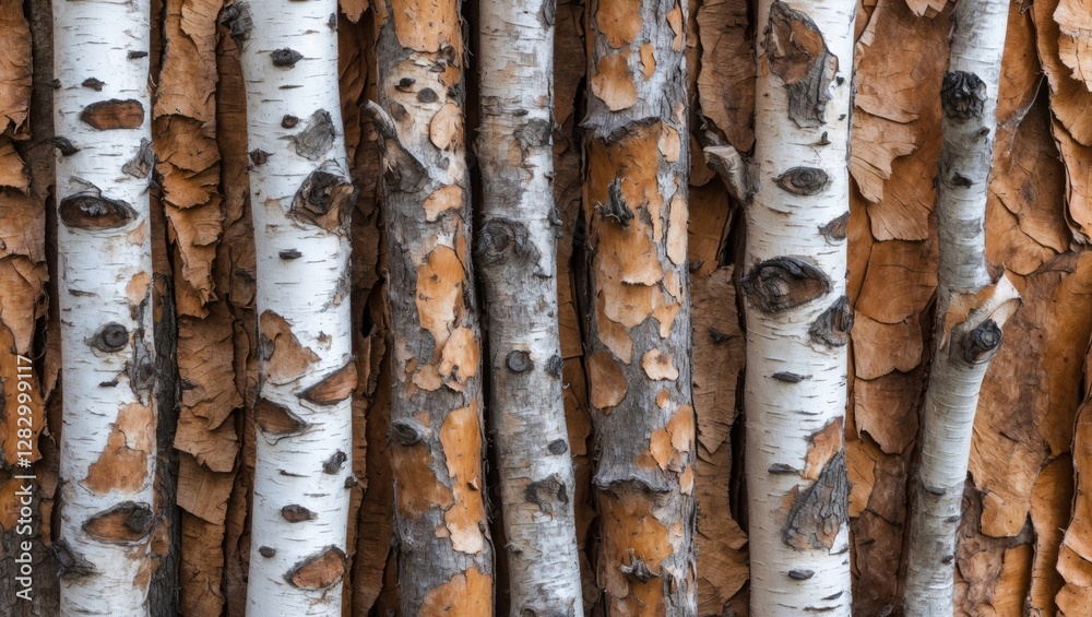 Poster Birch tree bark close-up displaying white and brown textures with visible knots and contrasting colors of natural wood patterns.