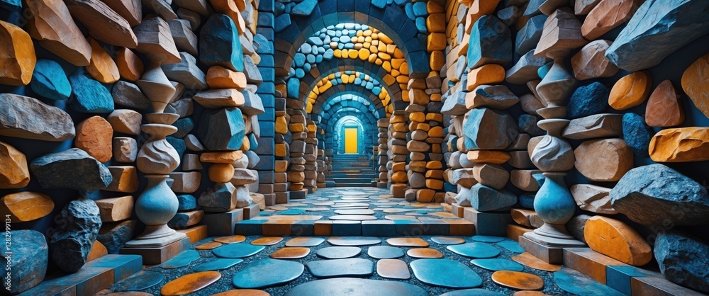 Poster colorful stone corridor with arches and patterned floor in a mystical setting illuminated by an oran