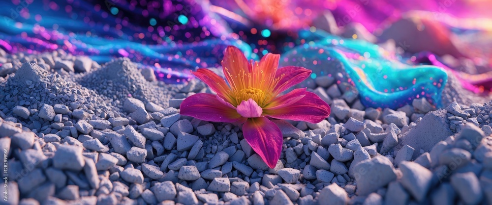 Aufkleber flower on a textured surface with colorful fabric and sparkling details in the background visualizin