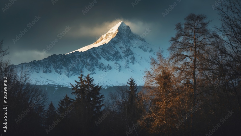 Aufkleber snow-capped mountain peak under dramatic cloudy sky with silhouette of trees in foreground during tw
