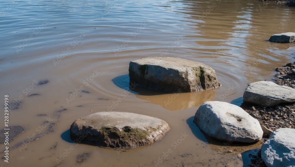 Aufkleber rocks partially submerged in calm muddy water with ripples reflecting sunlight in a natural outdoor 
