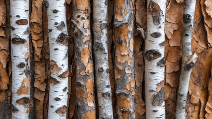 Naklejka premium Birch tree bark close-up displaying white and brown textures with visible knots and contrasting colors of natural wood patterns.