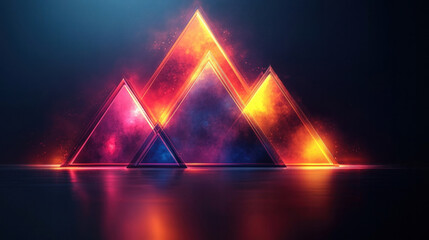 Abstract background of geometric triangles in vibrant neon shades on a black backdrop