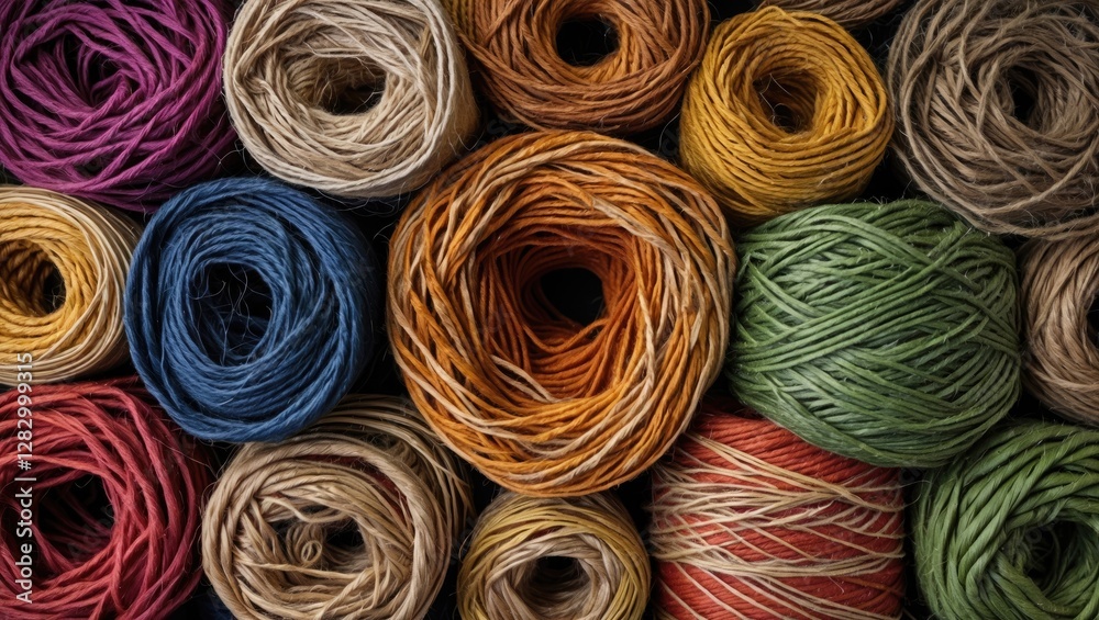 Poster colorful assortment of yarn skeins in various colors arranged in a visually appealing layout for tex