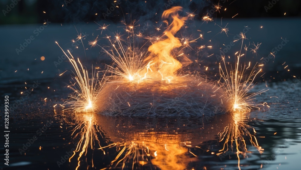 Aufkleber Fire and sparks emerging from a circular object in shallow water creating reflections and splashes during twilight.