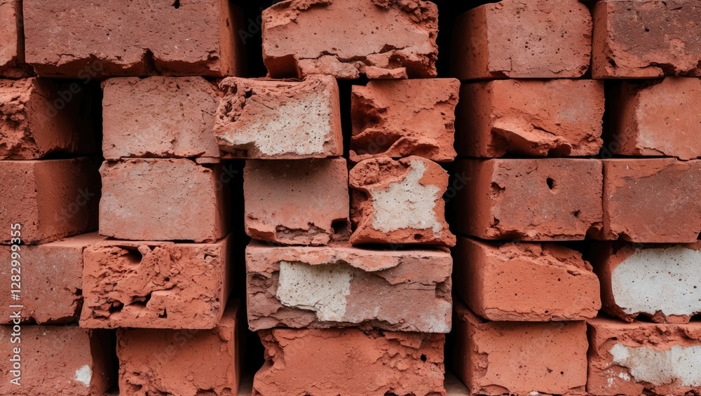 Poster close-up of stacked red and white bricks showcasing texture and varying sizes in construction materi