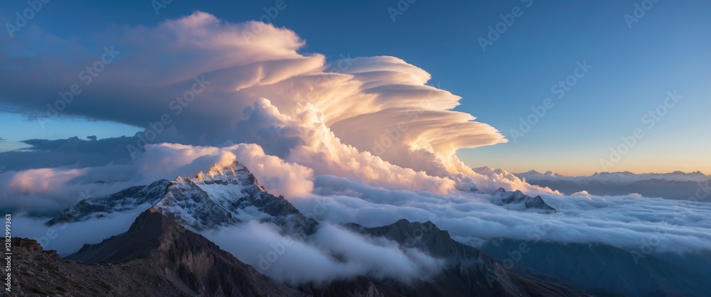 Aufkleber dramatic sky with lenticular clouds above mountain peaks during sunset with layers of mist and cloud